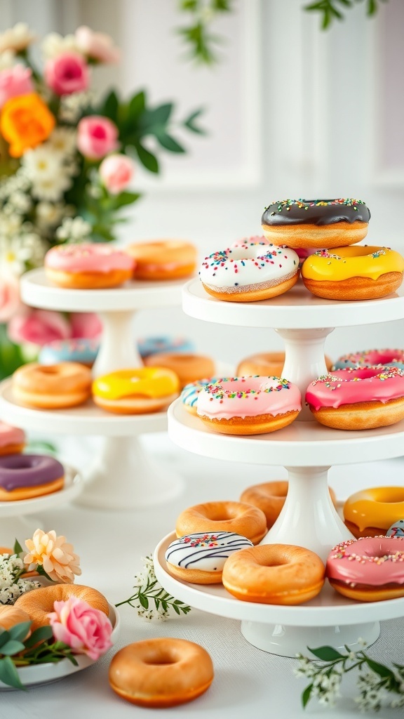 A decorative display of assorted donuts on tiered stands with flowers and greenery.